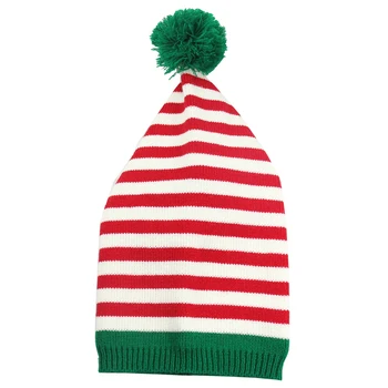 Коледна шапка за възрастни и деца, вязаная на една кука, ушите на Дядо Коледа, Червена зелена раирана шапка с дълга опашка и помпоном, Празнична зимна шапка