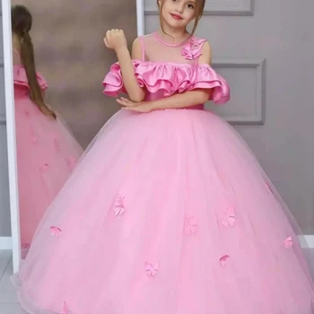 Розови рокли на цветчета за момичетата на Сватба, Пищни рокля с колан от мъниста, бална рокля за сватба, рокля за Първо Причастие