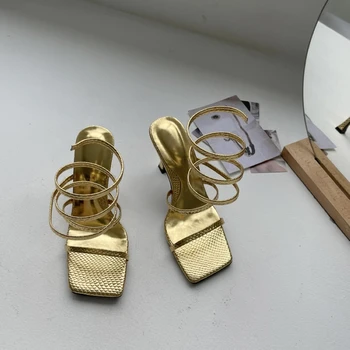 Нови модни дамски сандали на висок ток златисто на цвят, с тънка каишка на ниски токчета, Римски летни Гладиаторски дизайнерски ежедневни сандали за улицата