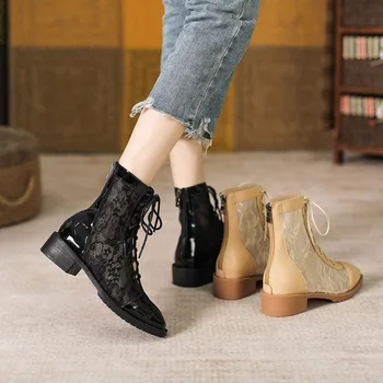 Женски обувки в британския стил, дишаща мрежа дебела подметка, квадратен чорап, които нарастване на цип отзад, прозрачни ботильоны