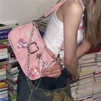 Дамски чанта през рамо с верига-пеперуда от матирана кожа Y2k, Реколта стръмни чанта през рамо за горещи момичета, една Проста жена чанта за подмишниците, чанти