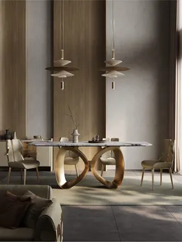 Светъл мрамор дългата маса в луксозен стил, модерен прост ресторант правоъгълен домашен маса за хранене, маса за хранене