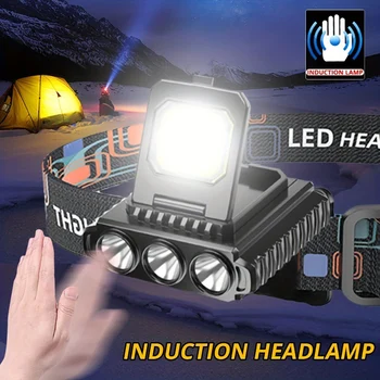 Led фенерче, COB, инсталиране на главата, Преносима лампа със скоба за капаци, Датчик за вълни, Регулируема подсветка 4, USB зареждане за бягане колоездене