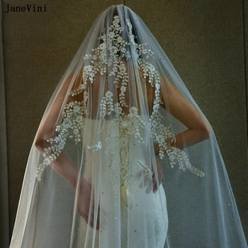 JaneVini Елегантни корейски Сватба воал, цвят бяла слонова кост, с помощта на гребен, Лейси апликация на 1 ред, Кристален мека Тюлевая завесата, Сватбени аксесоари за коса