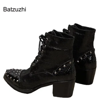 Черни мъжки обувки Batzuzhi на ток 6,8 cm от естествена кожа, Модерен мъжки Oxfords, Мъжки обувки с кръгло бомбе и нитове На високо квадратен ток