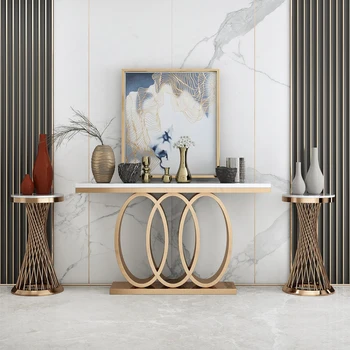 Луксозен Дизайнерски конзола маса в Скандинавски Стил, Кът, мебели за хола, мебели за дома от неръждаема Стомана със Златисто Осветление, е Тесен платформа за гледане на масата