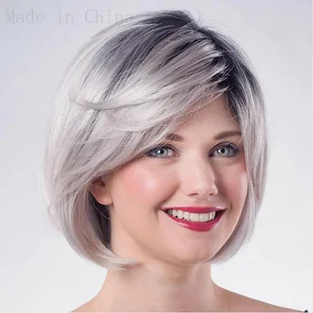 Жена перука, изработени от синтетична коса Сребрист цвят Омбре, къси преки перуки с страничен бретон