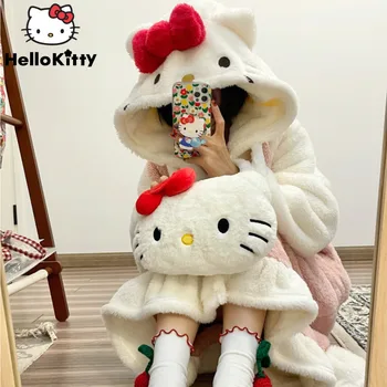 Sanrio Hello Kitty Cinnamoroll Melody Kawaii Зимни Нощни Ризи Женски Коралови Плюшени Дебели Красиви Дълги Пижамные Комплекти, Нощна Риза, Панталони