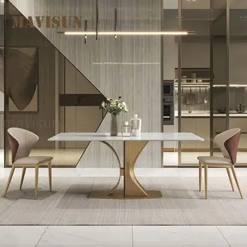 Светла Трапезарна маса от бял Гланц Плочи, Луксозен Модерен Минималистичен Дизайн Креативен Правоъгълна Маса и стол от висок клас