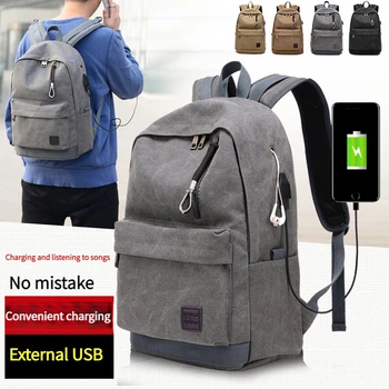 Мъжка чанта през рамо, платно раница за пътуване, външна USB-чанта за зареждане с дупка за слушалки, училищна чанта за ученици от прогимназия