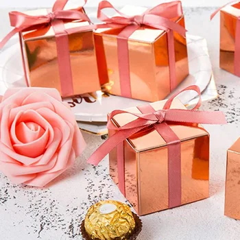 Новата подарък кутия Квадратна форма, от розово злато, Опаковъчна хартия, Кутии за шоколадови бонбони с лента за Сватбени подаръци за гости, партита в чест на рождения Ден на детето