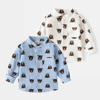 Удобни и дишащи ризи в клетката за момчета 2-6 години Памучен детски дрехи от сладък мечок