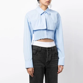 модерен дамски блуза 2023, фалшиви къси ризи и блузи в стил мозайка от две части, женски многослойни еластични потници в сгъвката на