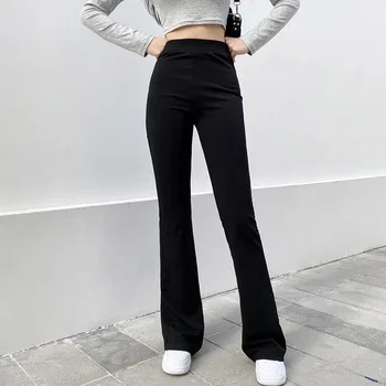 Дамски Модни Черни Разкроена панталони с еластичен ластик на талията, Офис Дамски панталони, Висока талия, Широки панталони, Всекидневни хипстерские улични панталони