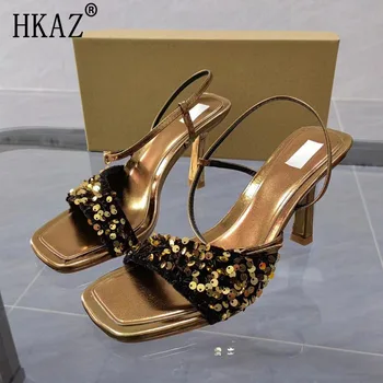 2023 Нови Летни Обувки на висок тънък ток, с квадратни пръсти и изкривени в една линия, дамски сандали със златни пайети