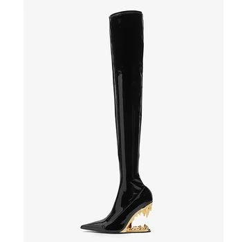 (YYDD) Качествени Дизайнерски Дамски ботуши над коляното на ажурном ток от естествена кожа, вечерна рокля за нощен клуб, по-Големи размери 34-43