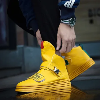 Модерен Жълт Мъжки ежедневни обувки с висок берцем, Дизайнерските обувки с катарама, мъжки маратонки на равна подметка от мек микрофибър, Ежедневни мъжки обувки за скейтборд в стил хип-хоп
