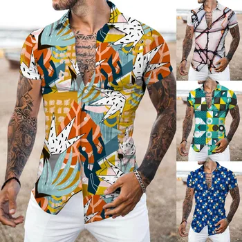 Мъжки модни риза с принтом, Хавайски ежедневни риза с къс ръкав и копчета, Модни гигроскопичные ризи и блузи за мъже