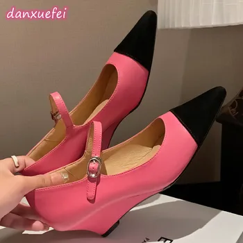 danxuefei/ дамски обувки-лодка mary Jane от естествена кожа в танкетке с остри пръсти, разноцветни красиви дамски обувки на токчета в стил мозайка за жени, разпродажба