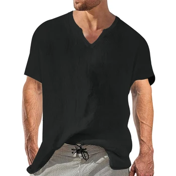 2023 Международната търговия, Лятна бельо мъжка тениска с V-образно деколте и къс ръкав, Ежедневни тенденция памучен бельо риза, Тениска, топ, сега