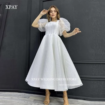 XPAY Блестящи Бели Сватбени рокли Трапецовидна форма с Дължина от щиколотку с гъсти къси ръкави, Блестящи арабски Дамски официални рокли за Булката