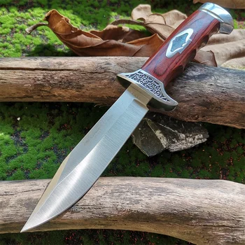 Походный Нож, Прав Нож с Фиксирано Острие и дървена дръжка, с Острие от стомана 7Cr13, Тактически Инструмент за Оцеляване в Обвивка