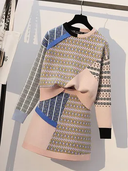Есенно-зимния Моден Контрастен вязаный вълна, комплект с геометричен модел, Женски Свободен Пуловер с дълъг ръкав, пуловер + Костюм с мини пола
