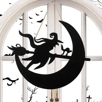 Добре дошли знак на Хелоуин, Дървена Врата табела, Страховито Празнични аксесоари, Черна котка, Вещица, Прилеп, Тиква, Паяк, Вратата знаци, вътрешна украса