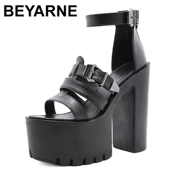 Дамски сандали на висок ток, летни черни кожени сандали с отворени пръсти, дамски обувки на платформа към модния подиум за модел с метална катарама