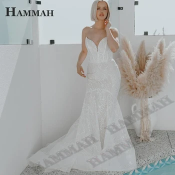 Модерни Сватбени рокли от тюл HAMMAH За сватбени тържества С Кружевными Апликации, с цип и Копчета, Без ръкави, С V-образно деколте, Сватбени рокли С Влак 