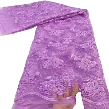 Африканска 3D Лейси кърпа 5 ярда 2023 Розов Цвят с Високо качество С Бродерия на мъниста, Френска Нигерийская Лейси плат с пайети за сватба