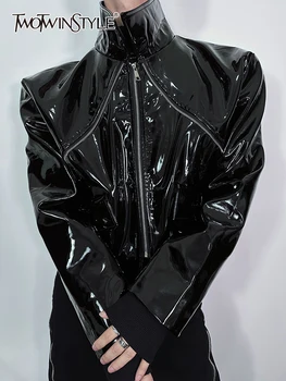 TWOTWINSTYLE, дамски палта от Изкуствена кожа с ревери и дълъг ръкав, ежедневни якета с цип в стил мозайка, Дамски Модни дрехи