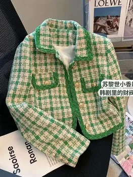 Висококачествени дамски корейски дрехи с дълъг ръкав Зелен цвят в клетка, Луксозни твидовые съкратен якета, палта, връхни дрехи, Костюми Женски