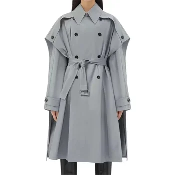 Жена тренч 2023, Есенна новост в корейската мода, декорация на крилото, Двубортная дамски Ветровка, памучен яке, палто y2k