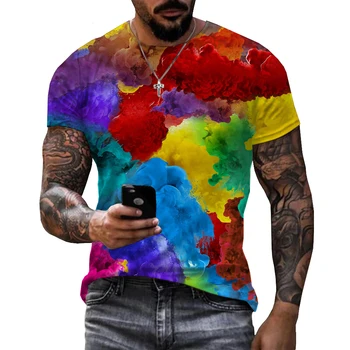 Новата Модерна Музикална Художествена Цветен Неон тениска с Графити, 3D, Мъжки t-shirt Оверсайз, с Преливащи се цветове спрей боя, Блузи, Ежедневни Градинска Тениска