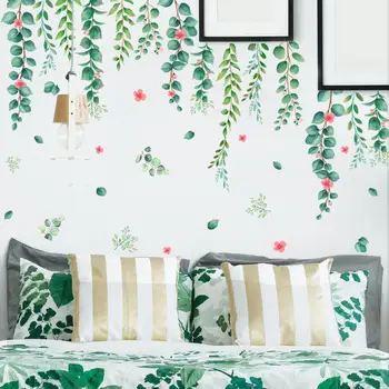 Лесно се поставя стикер на стената, ярки акварели зелени листа, цветни самозалепващи стикери за декорация на спалнята, материал PVC