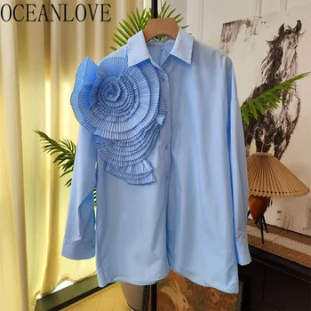 OCEANLOVE, Обикновена Пролетно-Есенни Ризи и блузи с 3D Цветя, Реколта Корейски Модни Дамски Блузи, Елегантни Сладки Вечерни Blusas Mujer