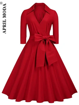 Жена класическа рокля с дълбоко V-образно деколте и колан-лък, Винтажное Ежедневна рокля-люлка, Однотонное червено Лилава Черна рокля за подиум в стила рокабили, Вечерни рокли