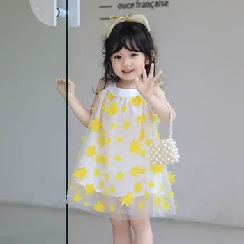 2023 Лятна Рокля на подтяжках в Корейски стил за деца, Сарафан от Тюл с Аппликацией без ръкави за Малки Момичета, всеки ден на Сладък Рокли