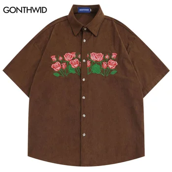 Вельветовая риза с бродерия на цветя Harajuku, Ризи с къс ръкав, Мъжки дамски Летни Модни ежедневни ризи с къс ръкав, кафяв, син