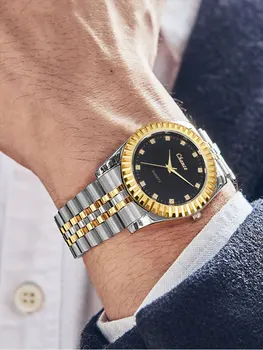 Модерен бизнес мъжки кварцов часовник със златен стоманена каишка