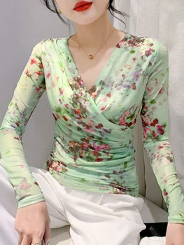 Елегантна окото тениска с принтом малки цветя S-3XL, женски перекрещенный V-образно деколте, дълъг ръкав, тънка тениска в гънки, есен-пролет