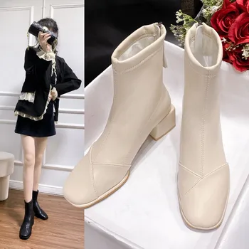 Обувки с дебел ток, високи къси дамски обувки, новост есента 2023, корейската версия, универсални зимните модни ботильоны с квадратни пръсти