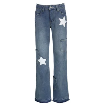 Асиметрични дънки в стил ретро със звездна принтом, женски прави панталони 2023 Син цвят, дънкови панталони за момичета на есен