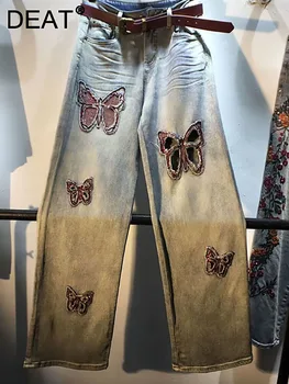 Модни Дамски Дънки, Свободни, с висока Талия, с бродерии, Пайети, с неравности във формата на пеперуди, Дънкови панталони, Есен 2023, Нова мода 29L1086