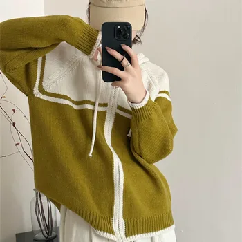 Леко лепило пуловер в контрастен цвят на ивици, палта, Женски Сгъсти 2023, Нов Свободен Вязаный Жилетка в корейски стил