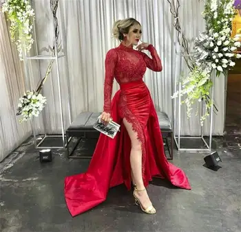 Червени дантелени вечерни рокли с дълги ръкави и високо деколте, с цепка отстрани, вечерни дамски рокли са с най пола 2023, Robe De Soiree