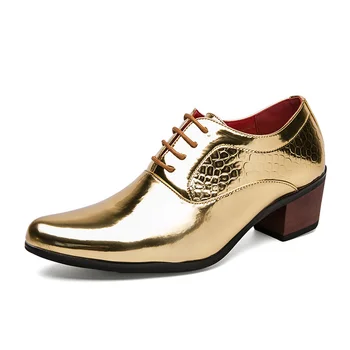 Сватбени Мъжки Oxfords, Модерен модел обувки Големи размери, Кожена официалната обувки дантела, Дизайнерски вечерни Златисто-черен обувки за възрастни на висок ток