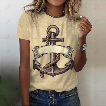 Лятна тениска с бохемски принтом конструкцията на кораба на котва за жени, тениска оверсайз, облекло, с кръгло деколте, пуловери, топ, графични тениски, ежедневни