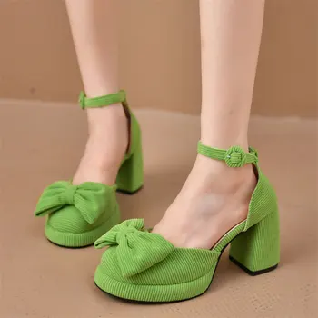 зелени бежови сандали на платформа и ток с лъкове, Дамски обувки на дебелите обувки, Дамски обувки Mary Jane, обувки-лодка с квадратни пръсти, дамски обувки